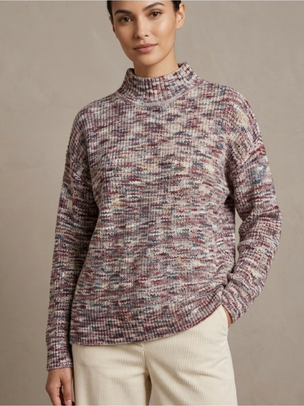 NWT FDJ Cozy Oversized Shaker Knit Sweater Mock Neck Space Dye L Multi Pastel